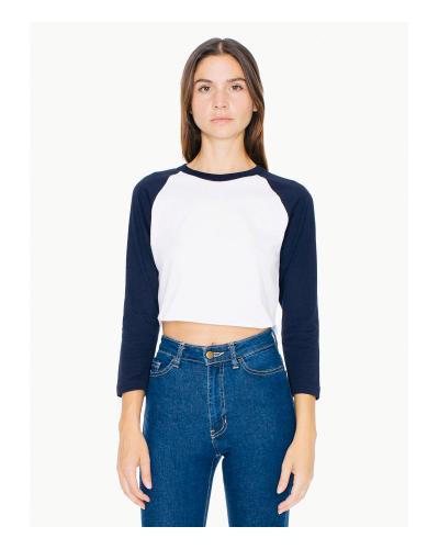 Sample of American Apparel ABB354W Ladies' Poly-Cotton 3/4-Sleeve Cropped T-Shirt in WHITE NAVY style
