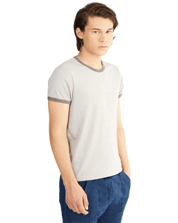 Sample of Alternative 01957E Men's Eco-Mock Twist Ringer Crew T-Shirt in ECO MCK NICKEL from side sleeveleft