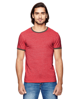 Sample of Alternative 01957E Men's Eco-Mock Twist Ringer Crew T-Shirt in EC MCK ENG RED from side front