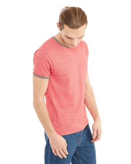 Sample of Alternative 01957E Men's Eco-Mock Twist Ringer Crew T-Shirt in EC MCK ENG RED from side sleeveleft