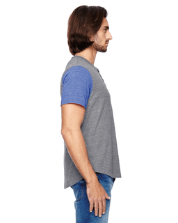 Sample of Alternative 01963E1 Men's Homerun Eco-Jersey T-Shirt in EC GRY EC P BLU from side sleeveleft