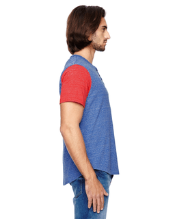 Sample of Alternative 01963E1 Men's Homerun Eco-Jersey T-Shirt in EC PC BLU EC RD from side sleeveleft