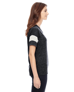 Sample of Alternative 01988E1 Ladies' Powder Puff Eco-Jersey T-Shirt in EC BLK EC IVORY from side sleeveleft