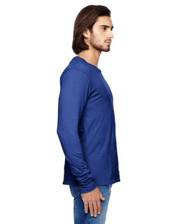 Sample of Alternative 04043C1 Men's Heritage Garment-Dyed Long-Sleeve T-Shirt in PACIFIC BLUE from side sleeveleft