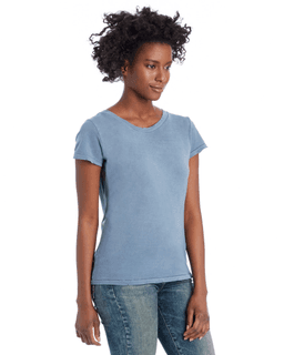 Sample of Alternative 04860C1 Ladies' Vintage Garment-Dyed Distressed T-Shirt in DK BLUE PIGMENT from side sleeveleft