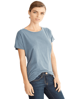 Sample of Alternative 04861C1 Ladies' Rocker Garment-Dyed Distressed T-Shirt in DK BLUE PIGMNT from side sleeveleft