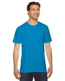 Sample of American Apparel 2001 Unisex Fine Jersey USA Made T-Shirt in TEAL from side front