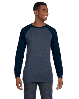Sample of Canvas 3000C - Men's Jersey Long-Sleeve Baseball T-Shirt in HTHR NVY MDNITE from side front
