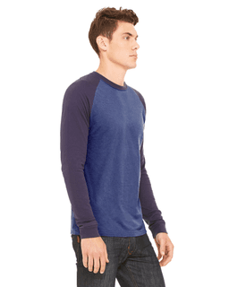 Sample of Canvas 3000C - Men's Jersey Long-Sleeve Baseball T-Shirt in HTHR NVY MDNITE from side sleeveleft