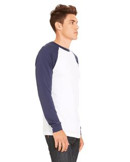 Sample of Canvas 3000C - Men's Jersey Long-Sleeve Baseball T-Shirt in WHITE NAVY from side sleeveleft