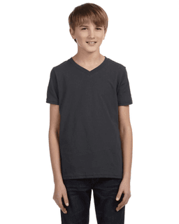Sample of Canvas 3005Y - Youth Jersey Short-Sleeve V-Neck T-Shirt in DRK GREY HEATHER from side front