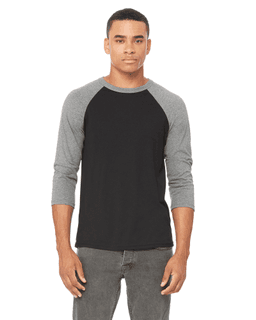 Sample of Canvas 3200 - Unisex 3/4-Sleeve Baseball T-Shirt in BLACK DEEP HTHR from side front