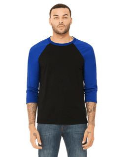 Sample of Canvas 3200 - Unisex 3/4-Sleeve Baseball T-Shirt in BLACK TRUE ROYL from side front