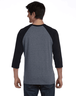 Sample of Canvas 3200 - Unisex 3/4-Sleeve Baseball T-Shirt in DEEP HEATHR BLK from side back