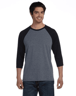 Sample of Canvas 3200 - Unisex 3/4-Sleeve Baseball T-Shirt in DEEP HEATHR BLK from side front