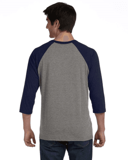 Sample of Canvas 3200 - Unisex 3/4-Sleeve Baseball T-Shirt in GREY NAVY TRB from side back