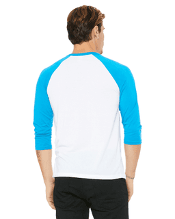 Sample of Canvas 3200 - Unisex 3/4-Sleeve Baseball T-Shirt in WHITE NEON BLUE from side back