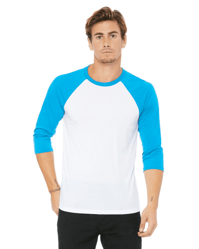 Sample of Canvas 3200 - Unisex 3/4-Sleeve Baseball T-Shirt in WHITE NEON BLUE style