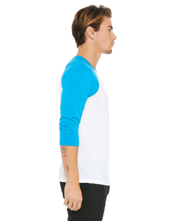 Sample of Canvas 3200 - Unisex 3/4-Sleeve Baseball T-Shirt in WHITE NEON BLUE from side sleeveleft
