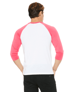Sample of Canvas 3200 - Unisex 3/4-Sleeve Baseball T-Shirt in WHITE NEON PINK from side back