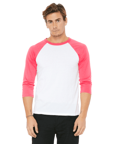 Sample of Canvas 3200 - Unisex 3/4-Sleeve Baseball T-Shirt in WHITE NEON PINK style