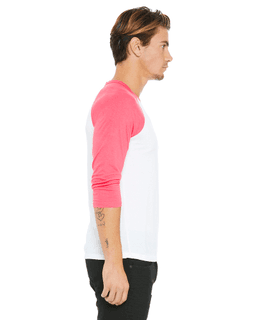 Sample of Canvas 3200 - Unisex 3/4-Sleeve Baseball T-Shirt in WHITE NEON PINK from side sleeveleft
