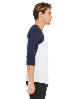 Sample of Canvas 3200 - Unisex 3/4-Sleeve Baseball T-Shirt in WHT FLK NVY TRB from side sleeveleft