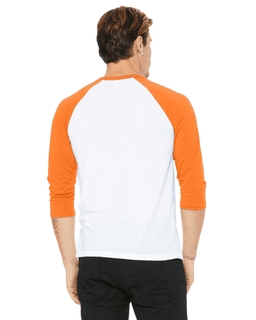 Sample of Canvas 3200 - Unisex 3/4-Sleeve Baseball T-Shirt in WHT NEON ORANGE from side back