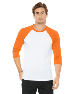 Sample of Canvas 3200 - Unisex 3/4-Sleeve Baseball T-Shirt in WHT NEON ORANGE from side front