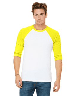 Sample of Canvas 3200 - Unisex 3/4-Sleeve Baseball T-Shirt in WHT NEON YELLOW from side front