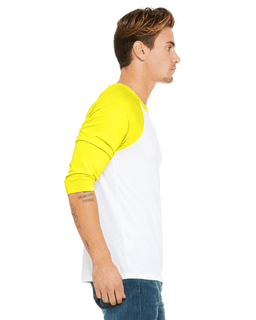 Sample of Canvas 3200 - Unisex 3/4-Sleeve Baseball T-Shirt in WHT NEON YELLOW from side sleeveleft