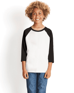 Sample of Next Level 3352 - Youth CVC 3/4-Sleeve Raglan in BLACK WHITE from side front