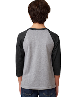 Sample of Next Level 3352 - Youth CVC 3/4-Sleeve Raglan in BLK DK GRY HTHR from side back