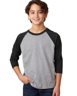Sample of Next Level 3352 - Youth CVC 3/4-Sleeve Raglan in BLK DK GRY HTHR from side front