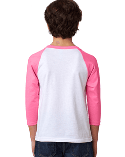Sample of Next Level 3352 - Youth CVC 3/4-Sleeve Raglan in HOT PINK WHITE from side back
