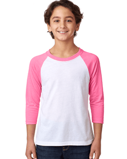 Sample of Next Level 3352 - Youth CVC 3/4-Sleeve Raglan in HOT PINK WHITE from side front