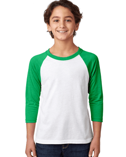Sample of Next Level 3352 - Youth CVC 3/4-Sleeve Raglan in KELLY WHITE from side front