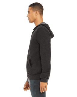 Sample of Unisex Poly-Cotton Sponge Fleece Full-Zip Hooded Sweatshirt in DK GREY HEATHER from side sleeveright