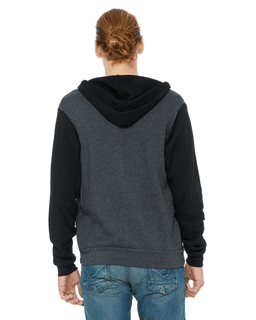 Sample of Unisex Poly-Cotton Sponge Fleece Full-Zip Hooded Sweatshirt in DRK GRY HTR BLK from side back