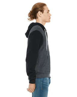 Sample of Unisex Poly-Cotton Sponge Fleece Full-Zip Hooded Sweatshirt in DRK GRY HTR BLK from side sleeveleft