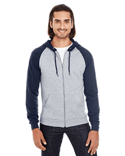 Sample of American Apparel 5497 Unisex California Fleece Zip Hoodie in HTHR GREY NAVY from side front