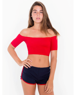 Sample of American Apparel 7301W Ladies' Interlock Running Shorts in NAVY RED from side front