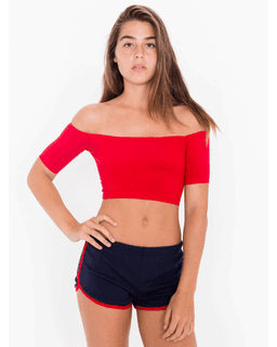 Sample of American Apparel 7301W Ladies' Interlock Running Shorts in NAVY RED from side front