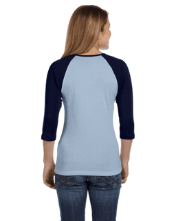 Sample of Bella B2000 - Ladies' Baby Rib 3/4-Sleeve Contrast Raglan T-Shirt in BABY BLUE NAVY from side back