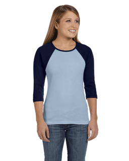 Sample of Bella B2000 - Ladies' Baby Rib 3/4-Sleeve Contrast Raglan T-Shirt in BABY BLUE NAVY from side front