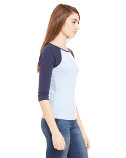 Sample of Bella B2000 - Ladies' Baby Rib 3/4-Sleeve Contrast Raglan T-Shirt in BABY BLUE NAVY from side sleeveleft