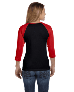 Sample of Bella B2000 - Ladies' Baby Rib 3/4-Sleeve Contrast Raglan T-Shirt in BLACK RED from side back