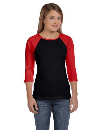 Sample of Bella B2000 - Ladies' Baby Rib 3/4-Sleeve Contrast Raglan T-Shirt in BLACK RED style