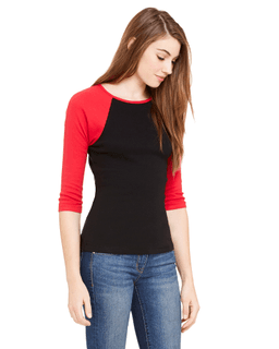 Sample of Bella B2000 - Ladies' Baby Rib 3/4-Sleeve Contrast Raglan T-Shirt in BLACK RED from side sleeveleft