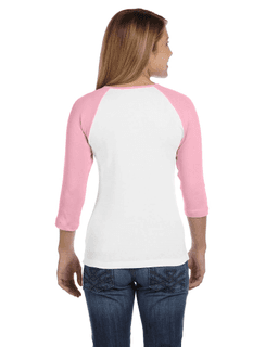 Sample of Bella B2000 - Ladies' Baby Rib 3/4-Sleeve Contrast Raglan T-Shirt in WHITE PINK from side back